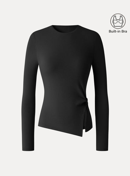 Round Neck Long Sleeve Twist-Hem Built-In Bra Top