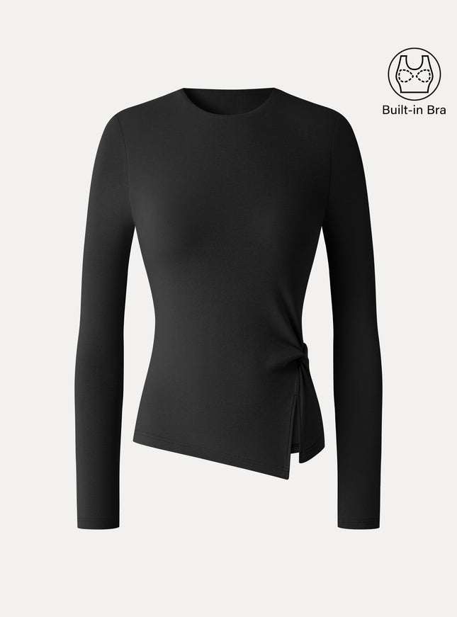 Round Neck Long Sleeve Twist-Hem Built-In Bra Top