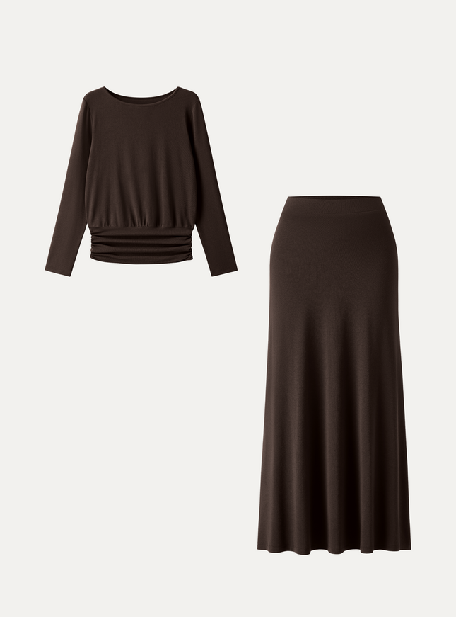 2Pcs Set Boatneck Top & High-Rise A-Line Maxi Skirt
