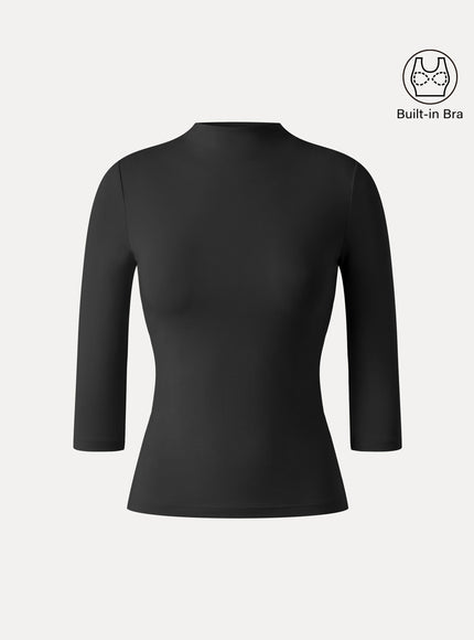 Premium Mock Neck 3/4 Sleeve Built-In Bra Top