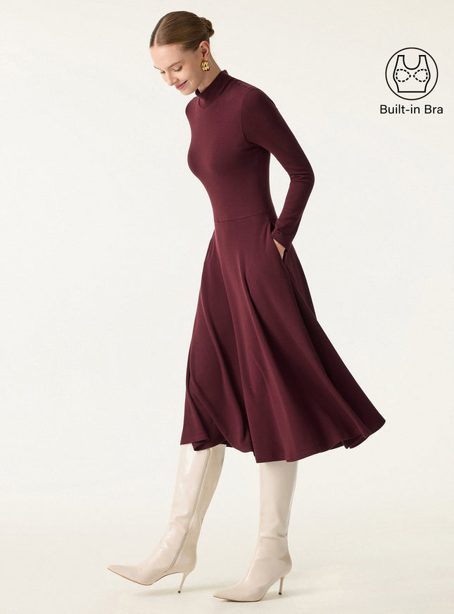 Mockneck Midi Built-In Bra Dress with Pockets