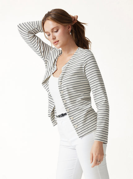 Stripe Round Neck Long Sleeve Button-Up Cardigan