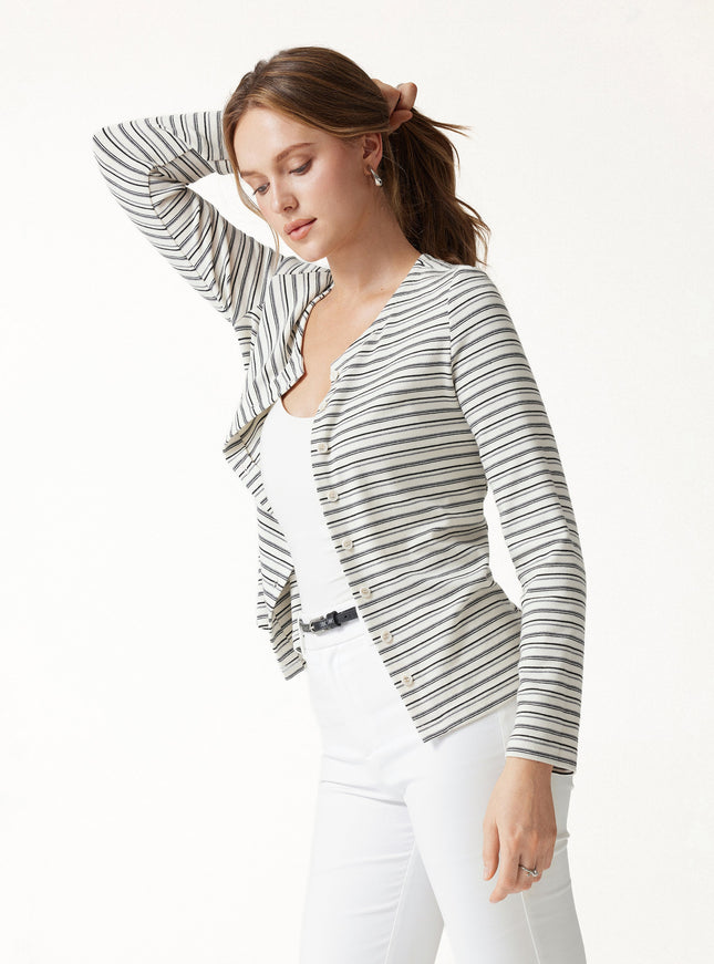 Stripe Round Neck Long Sleeve Button-Up Cardigan
