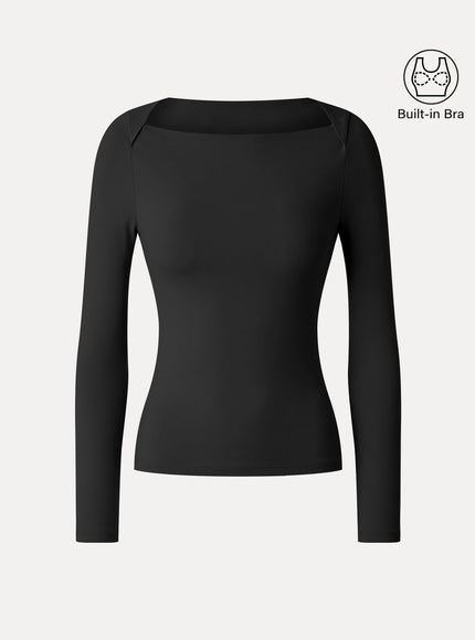 Lyocell-Wool Trapeze Neck Long Sleeve Built-In Bra Top