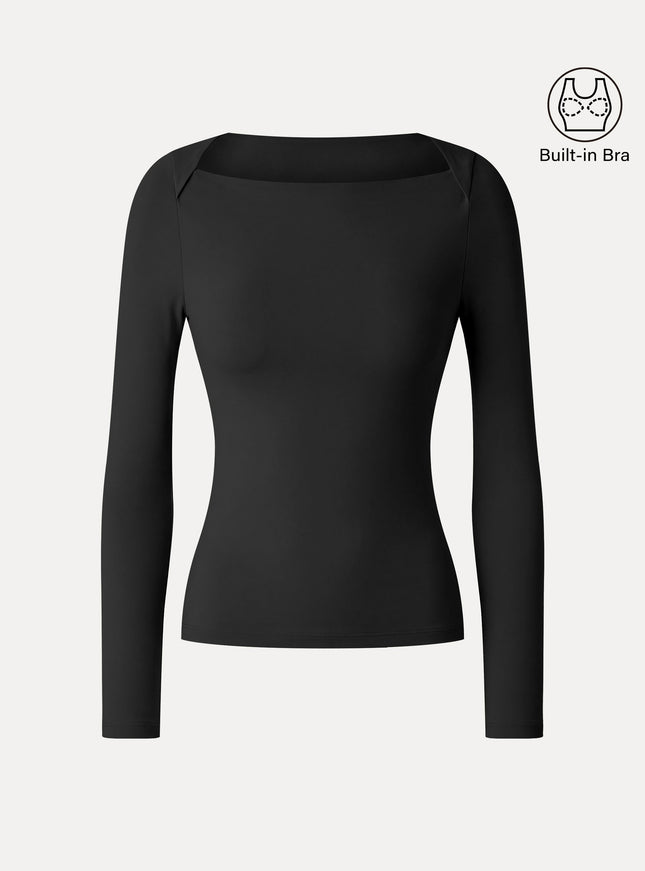 Lyocell-Wool Trapeze Neck Long Sleeve Built-In Bra Top