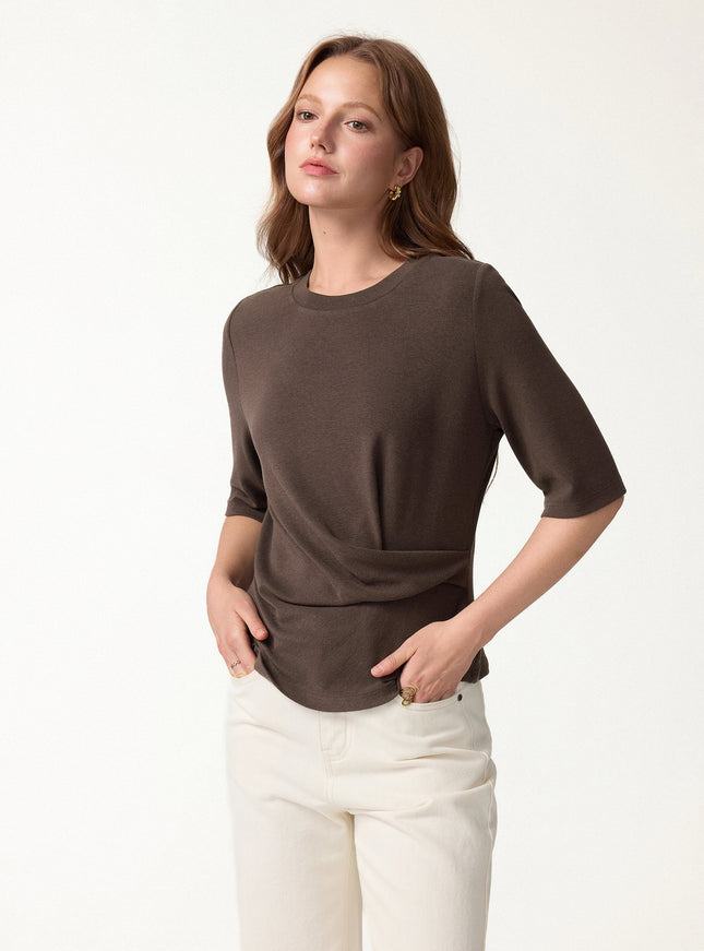 Round Neck Elbow Sleeve Side-Tuck Top