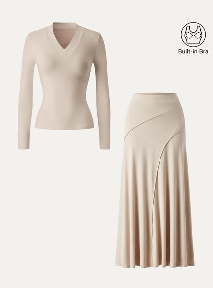 2Pcs Set V-neck Wide Binding Built-In Bra Top & Drapey A-Line Maxi Skirt