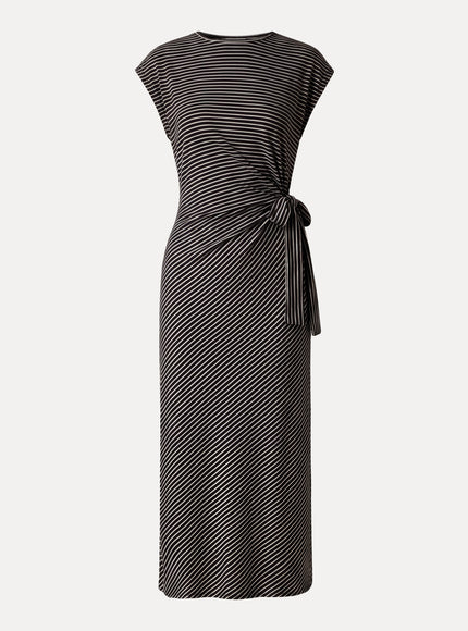 Striped Relaxed Midi Dress with Self-Tie