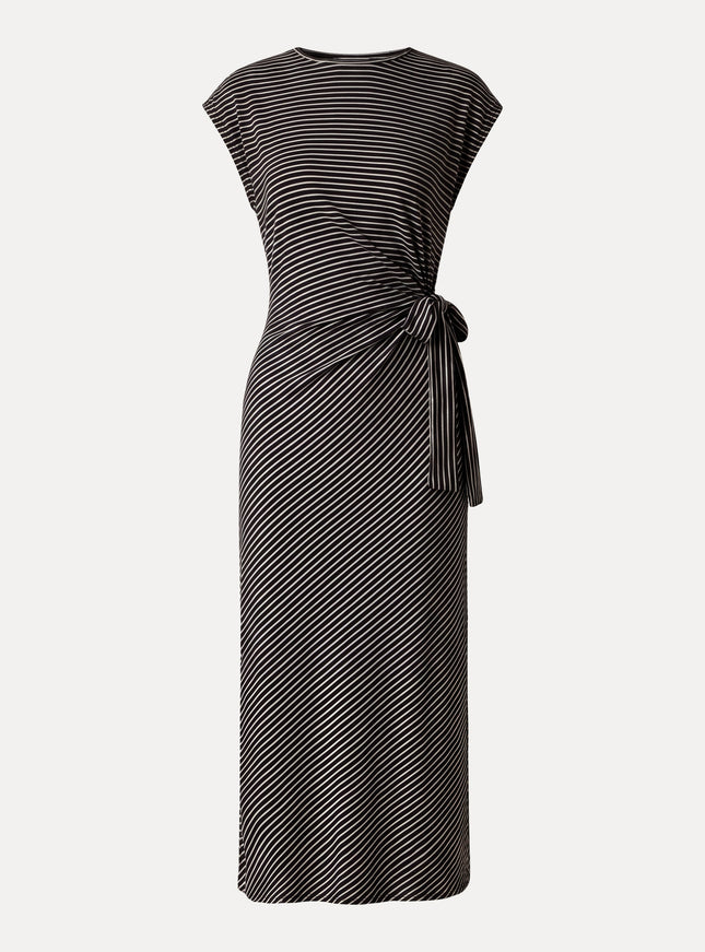 Striped Relaxed Midi Dress with Self-Tie