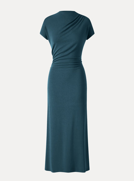Mock Neck Cap Sleeve Ruched Midi Dress