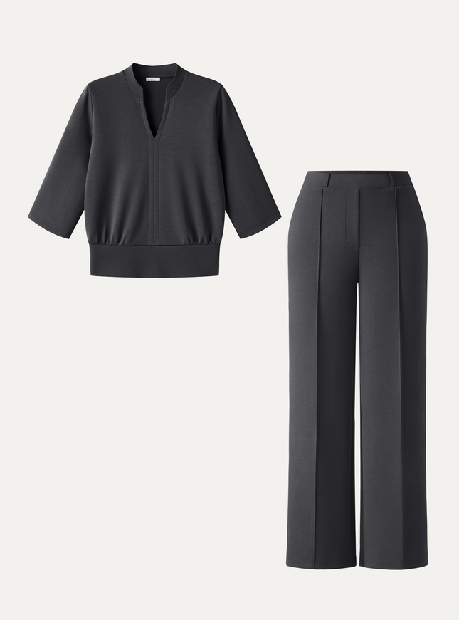 2Pcs Set V-Neck Elbow Sleeve Top & Mid Rise Straight Leg Pants with Pockets