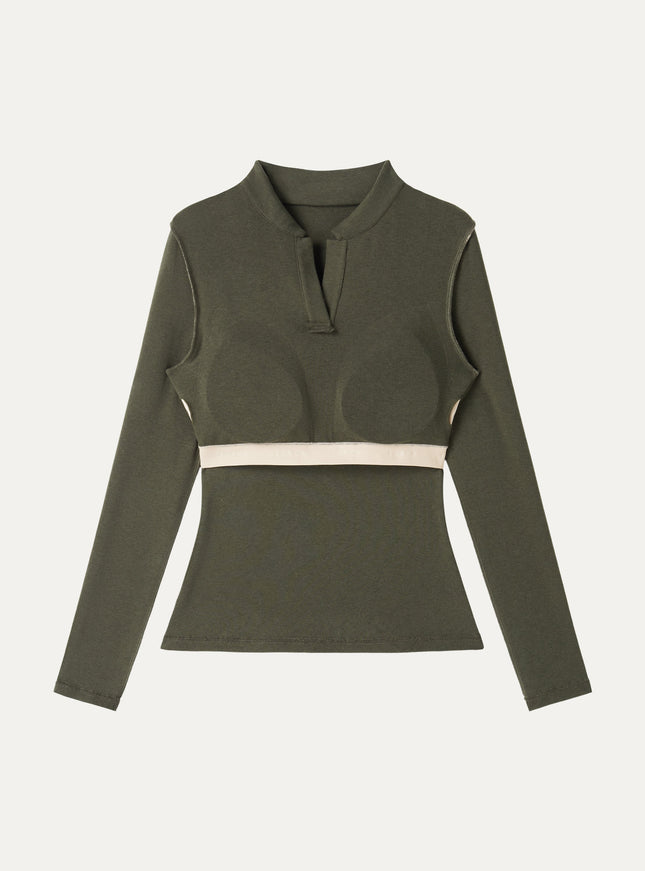 Office Staple V-Neck Lapel Long Sleeve Built-In Bra Top