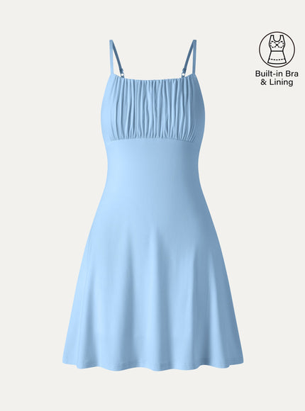 Matte Smooth Square Neck Ruched Spaghetti Mini Built-In Bra Dress