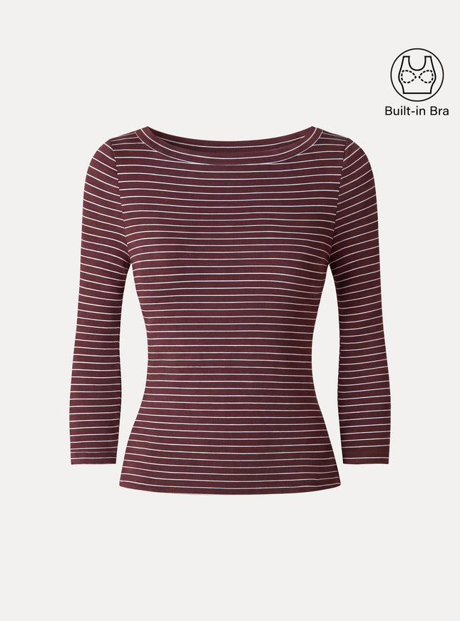 Striped Parisian Boatneck 3/4 Sleeve Built-In Bra Top