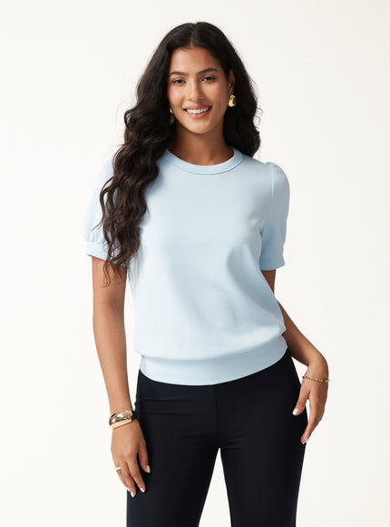 Lyocell Spacer Round Neck Puffed Short Sleeve Top