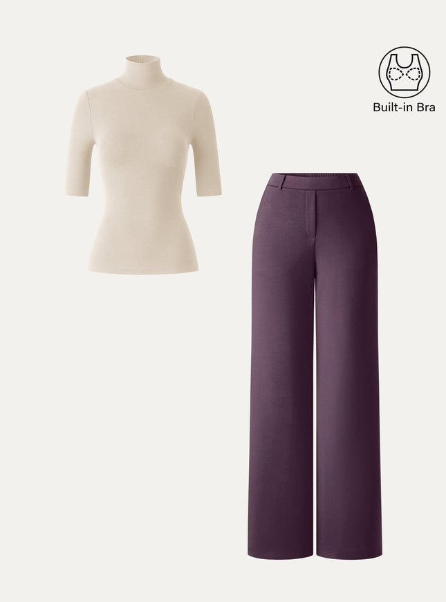 2Pcs Set Elbow Length Sleeve Built-In Bra Top & High-Rise Wide Leg Pants