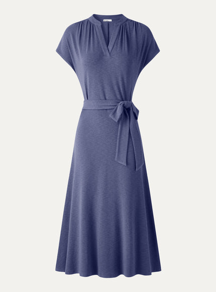 Neck Short Sleeve Belted Midi Dress