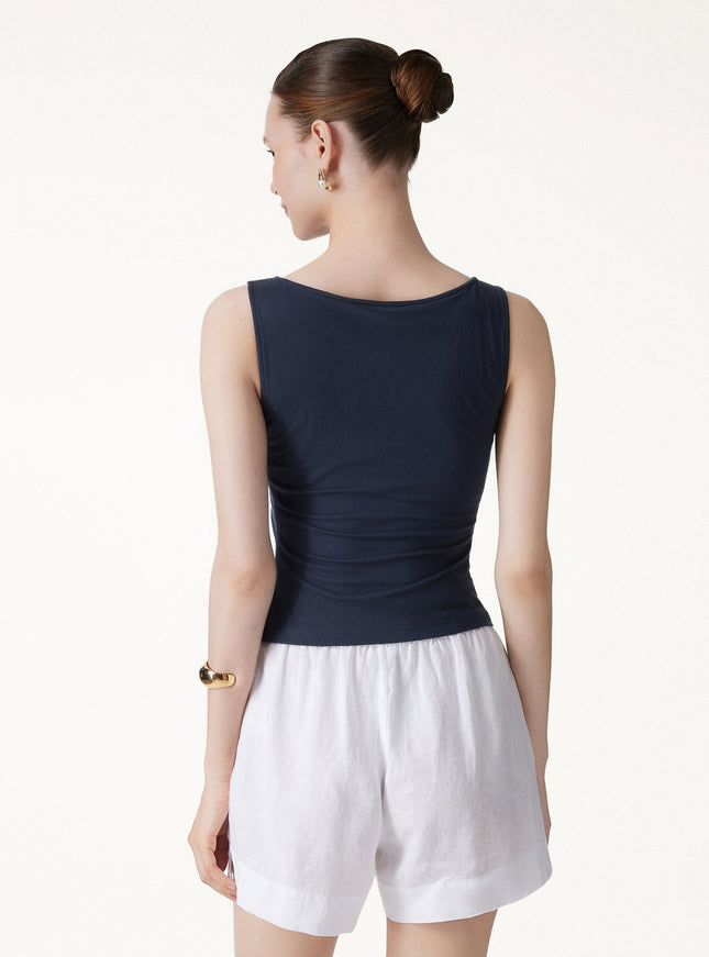 Cotton-Linen Boatneck Cropped Built-In Bra Top