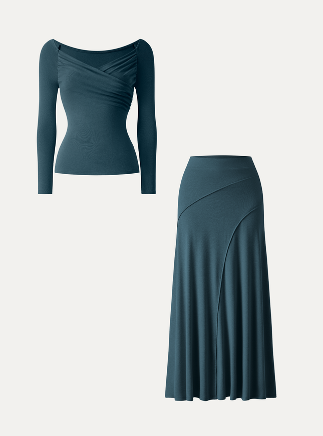 2Pcs Set Surplice Long Sleeve Ruched Top & A-Line Midi Skirt