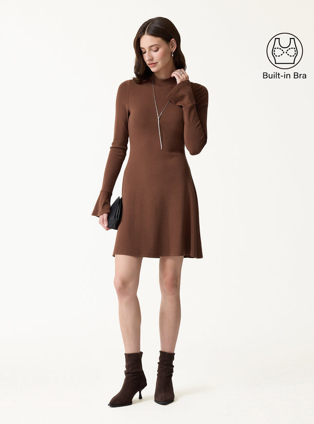 Mock Neck Flared Long Sleeve A-Line Mini Built-In Bra Dress