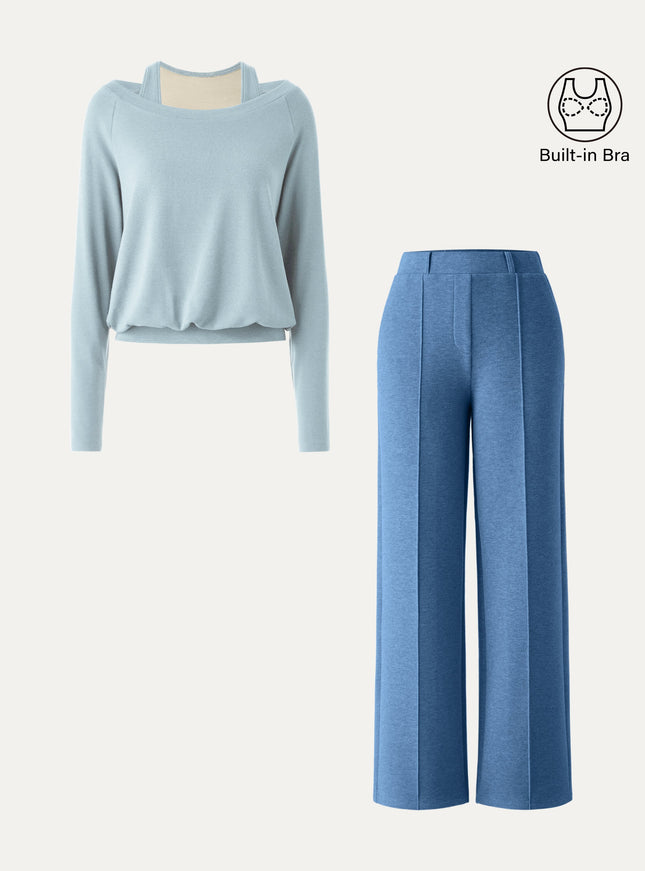 2Pcs Set Multi-Wear Layering Built-In Bra Top & High Waisted Straight Leg Pull On Pant