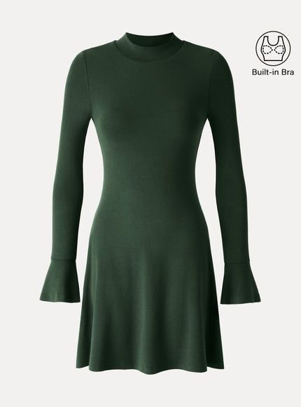 Mock Neck Flared Long Sleeve A-Line Mini Built-In Bra Dress