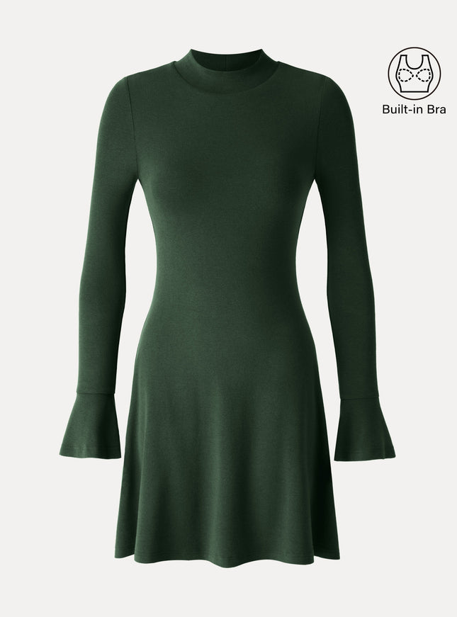Mock Neck Flared Long Sleeve A-Line Mini Built-In Bra Dress