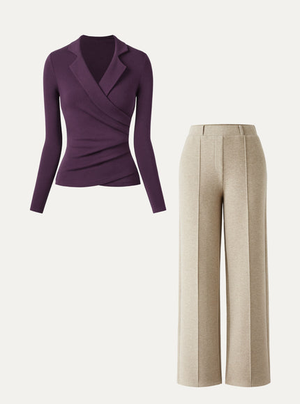 2Pcs Set Collared Surplice Top & High Waisted Straight Leg Pull On Pant