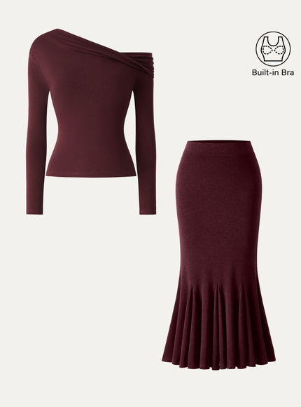 2Pcs Set Convertible Neck Built-In Bra Top & High-Rise Mermaid Midi Skirt