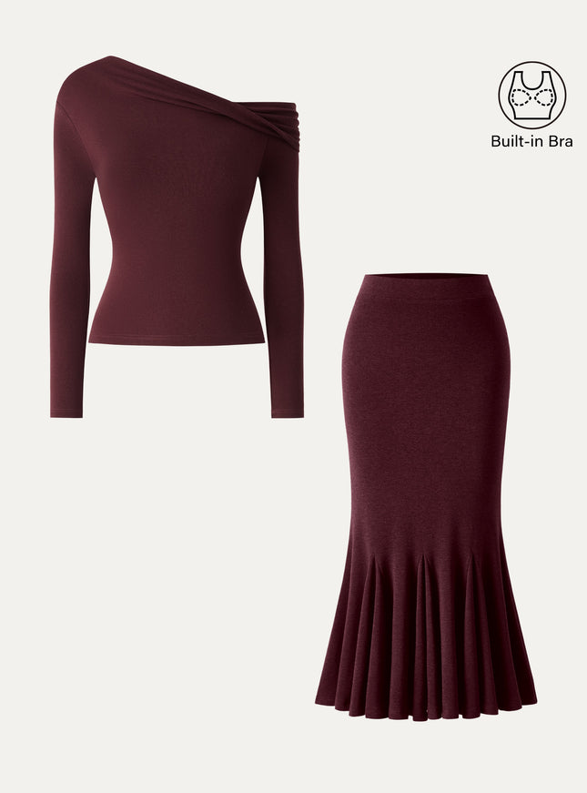 2Pcs Set Convertible Neck Built-In Bra Top & High-Rise Mermaid Midi Skirt