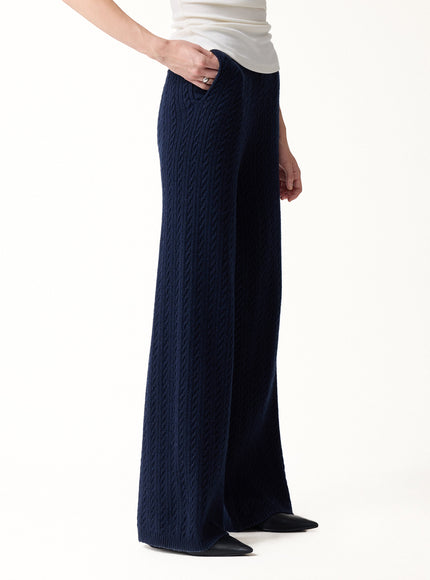 Merino-Blend Cable-Knit Wide-Leg Pants with Pockets