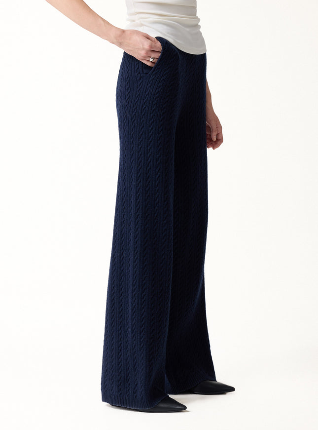 Merino-Blend Cable-Knit Wide-Leg Pants with Pockets