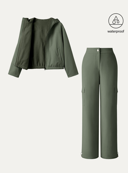 2Pcs Set Fleece Reversable Hooded Jacket & Fleece Lined Cargo Pant