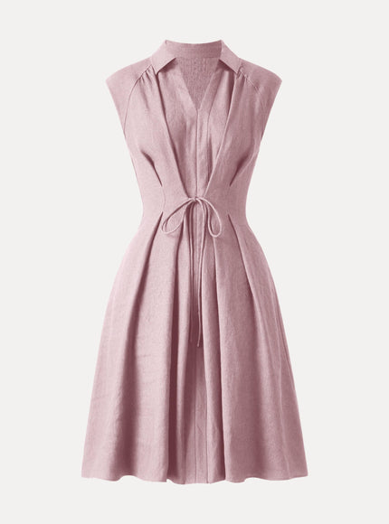 Viscose-Linen Collared V-neck Midi Dress with Drawstring