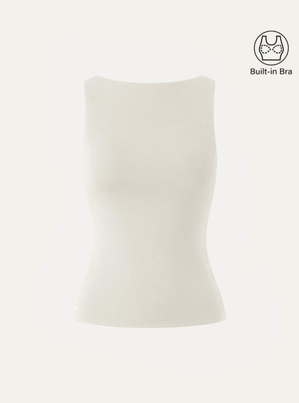 Stretch Cotton Boatneck Built-In Bra Tank