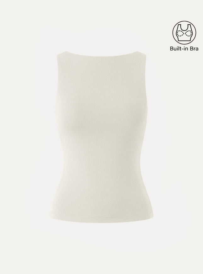 Stretch Cotton Boatneck Built-In Bra Tank
