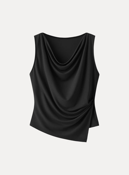Cowl Neck Asymmetrical Tucked Sleeveless Top