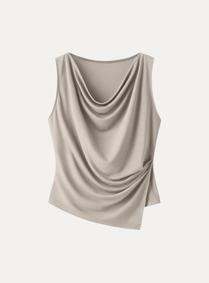 Cowl Neck Asymmetrical Tucked Sleeveless Top