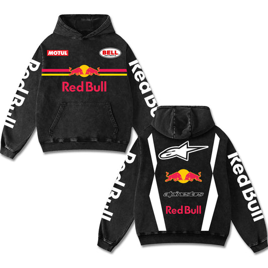 Retro Red Bull x Alpinestars Racing Hoodie Black Acid Washed, Motul Bell Helmets F1 MotoGP Enth – Black