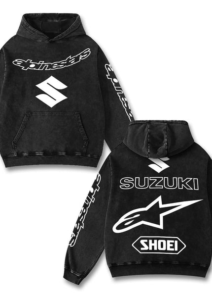 Retro Suzuki Alpinestars Racing Hoodie Black Acid Washed, Japanese Superbike S Logo Shoei Helme – Black