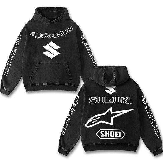 Retro Suzuki Alpinestars Racing Hoodie Black Acid Washed, Japanese Superbike S Logo Shoei Helme – Black