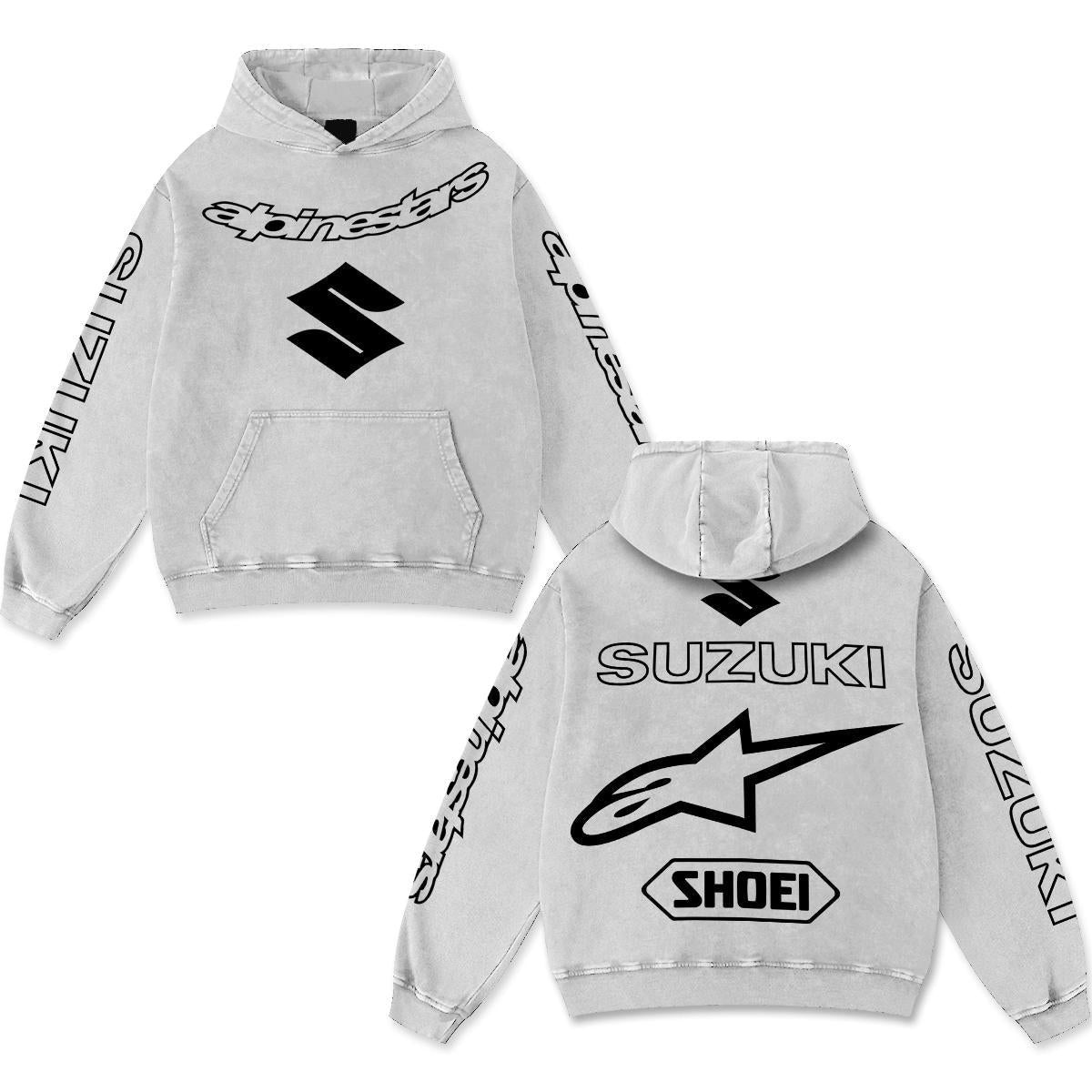 Retro Suzuki Alpinestars Racing Hoodie Black Acid Washed, Japanese Superbike S Logo Shoei Helme – Gray
