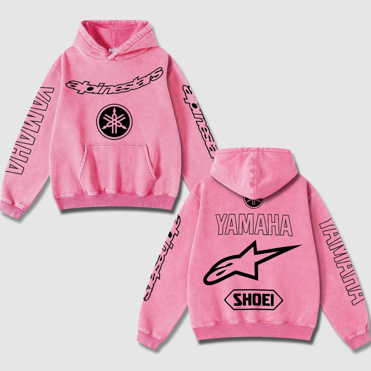 Retro Yamaha Alpinestars Racing Hoodie Black Acid Washed, Japanese Tuning Fork Shoei Superbike  – Rose