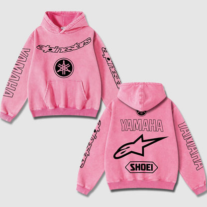 Retro Yamaha Alpinestars Racing Hoodie Black Acid Washed, Japanese Tuning Fork Shoei Superbike  – Rose